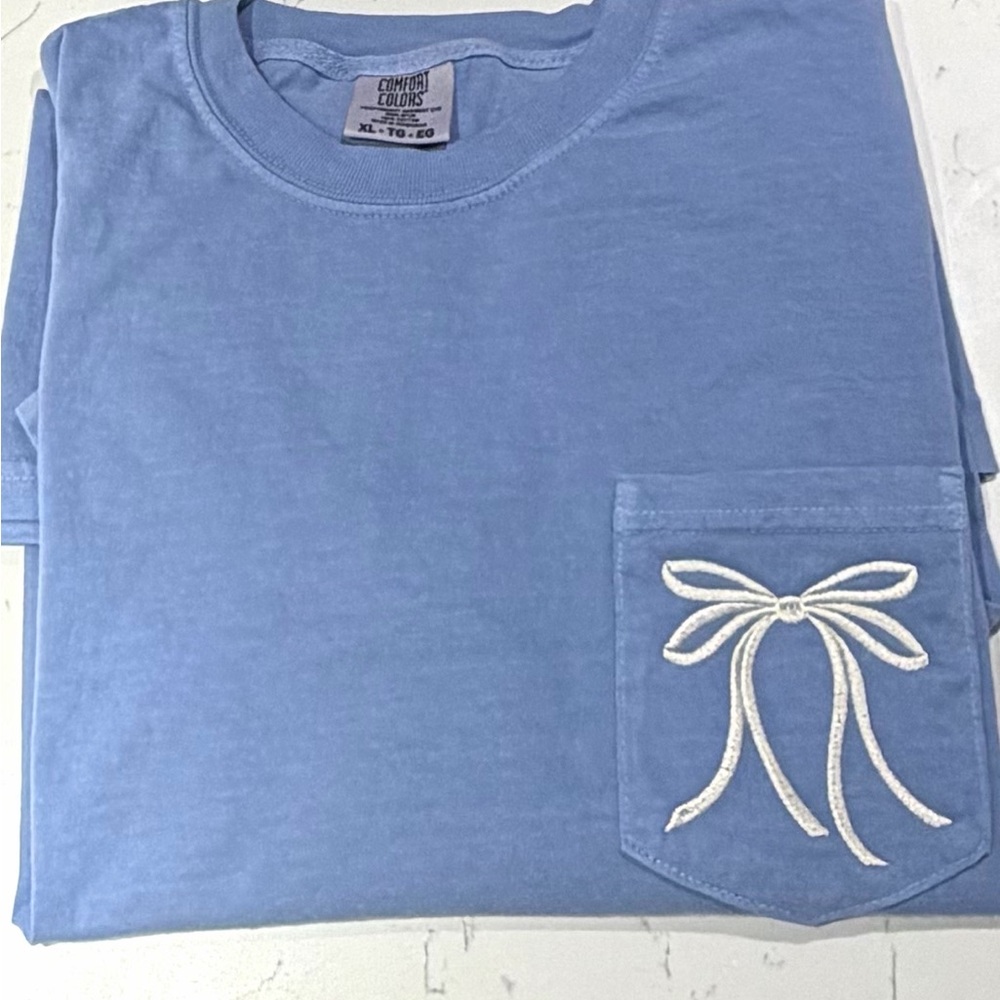 Blue Comfort Colors Tee with Cream Embroidered Bow Accent